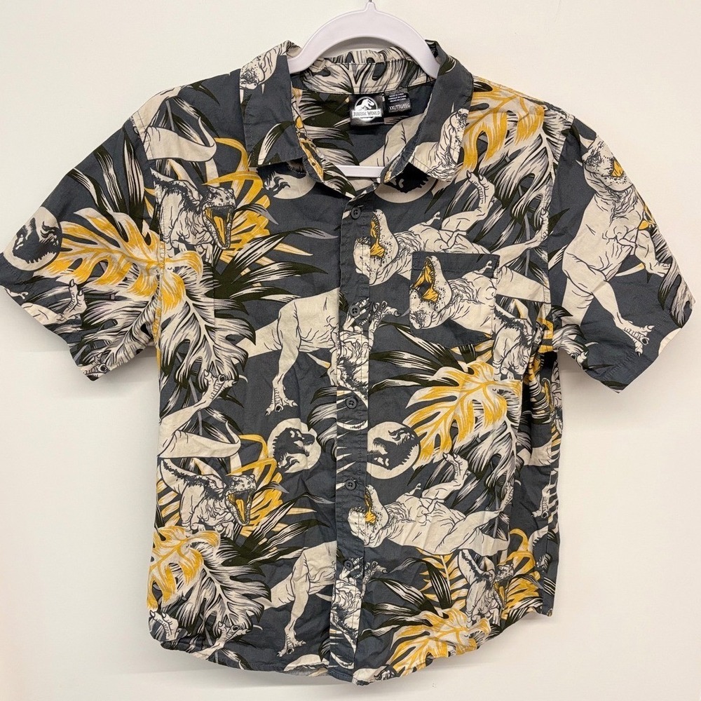 Kidcore Button Down Dinosaur Print Jurassic World Park Kids XXL Grey Yellow